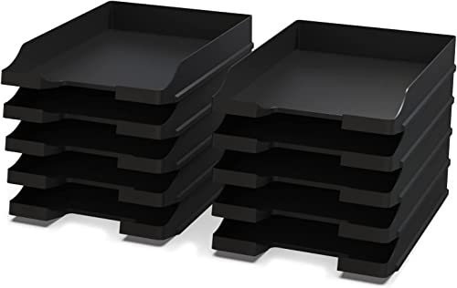 Bandejas portadocumentos tamaño A4 Negro - Organizador Escritorio apilable - Bandeja plástico para Oficina - Archivador Papeles - Cestas de Correo - 35x25x5,2 cm