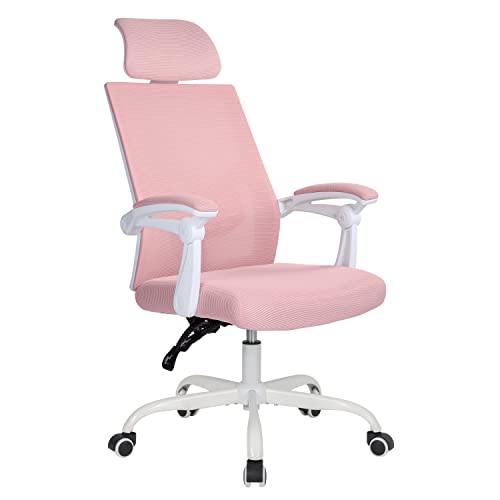 Qulomvs Silla de oficina ergonómica de malla con reposacabezas y respaldo 90-135, silla de escritorio ejecutiva ajustable para computadora con ruedas, silla giratoria de 360 grados (rosa)
