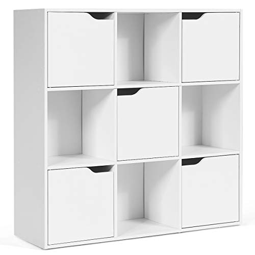 Giantex Estantería con 9 Compartimentos, Estantería con Forma de Cubo con 5 Puertas de Madera, para Oficina para Libros, DVD, Juguetes (Blanco)