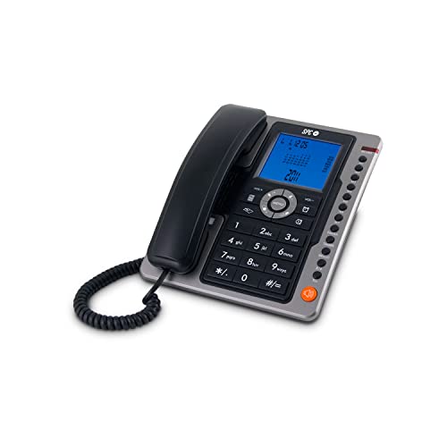 SPC Office Pro – Teléfono Fijo sobremesa con Gran Pantalla iluminada a Pilas, 7 Memorias Directas, Identificador de Llamadas y Manos Libres, Color Negro