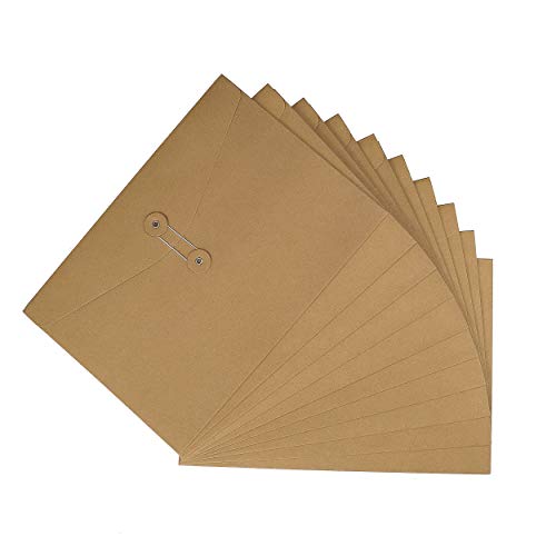 Carpetas de archivos de sobres de papel Kraft A4 Documentos en cartera de papel, Cierre de cadena y botón, Bolsa de organizador de bolsillos de proyecto 10PCS para Oficina Colegio, marrón
