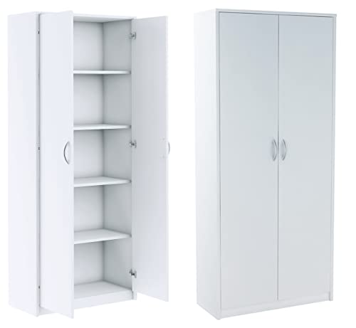 Armario práctico de 180 cm con 2 puertas, 4 estantes, grande, multiusos, archivador, oficina, armario para el hogar (blanco)