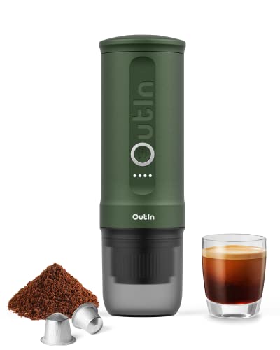 Outin Nano máquina de espresso eléctrica portátil con autocalentamiento de 3 a 4 minutos, mini cafetera pequeña de 20 bar, 12 V, 24 V, senderismo, oficina…