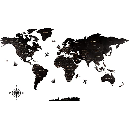 Creawoo Mapa Mundi Pared Grande de Madera, Mapamundi de Madera Negro Decoración de Pared para Sala de Estar, Oficina, Dormitorio -150x85 CM, Decoración de Pared Mapamundi Arte con Diseño Hueco Grabado