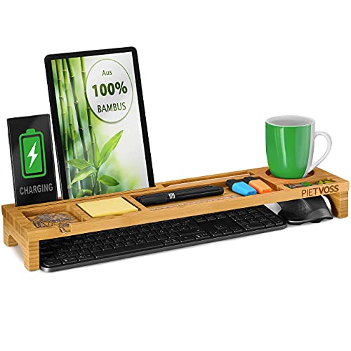 Organiseur de clavier de bureau en bambou, tablette supérieure pour une organisation optimale. Support pour iPhone, compartiments pour stylos, accessoires de bureau, gadgets, souris contre le désordre