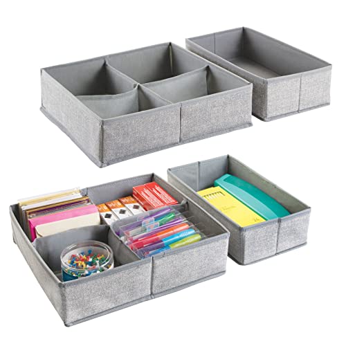 mDesign Juego de 4 cajas organizadoras para oficina con 5 divisiones cada una – Cajones de tela para agendas, blocs, lápices y más – Organizador de escritorio y material de oficina – Color: gris