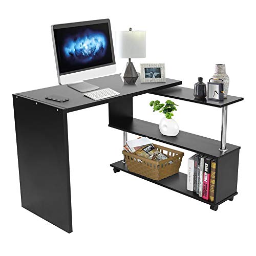 AYNEFY Escritorio de esquina para ordenador (flexible 90 – 180 °), mesa de trabajo con estantería, armario de madera, color negro