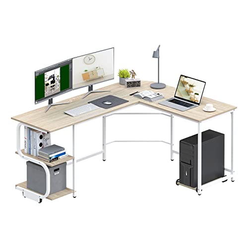 Ulifance Escritorio en forma de L con estantes reversibles de esquina redonda para computadora, mesa de juegos, estación de trabajo para oficina en casa, tamaño grande, color beige