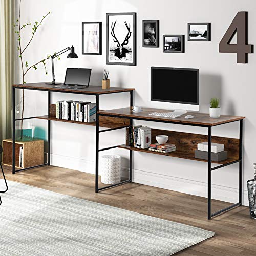 Merax Dos personas, doble estación de trabajo oficina, escritorio extra grande para computadora con estantes de almacenamiento abiertos, mesa de estudio, color marrón