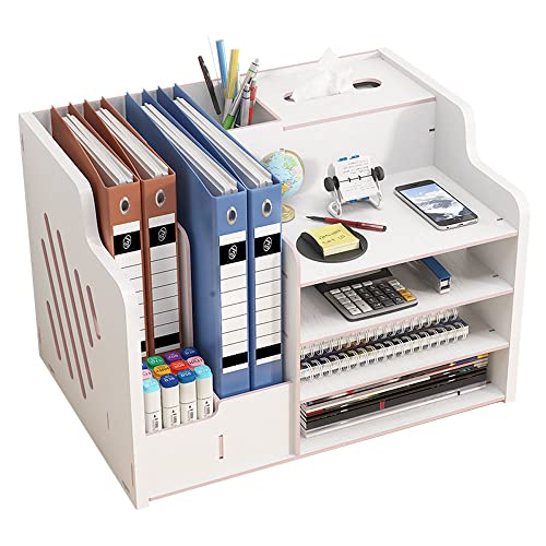 Organizador de escritorio de madera actualizado, de gran capacidad, clasificador, suministros de oficina, caja de almacenamiento para papeles A4, libros, documentos y cuadernos (JB07 blanco)
