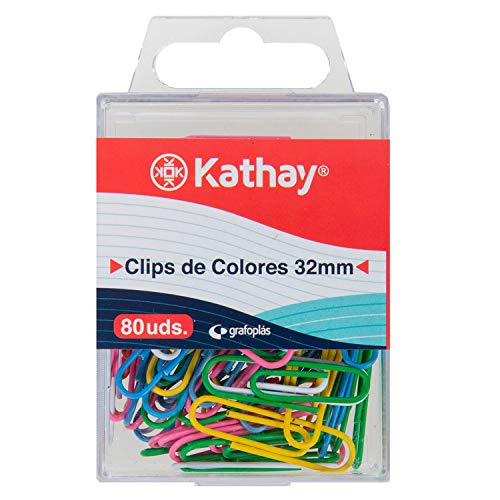 Kathay 86400599. Caja de 80 Clips Colores Surtidos, 32mm, Niquel, Plastificados