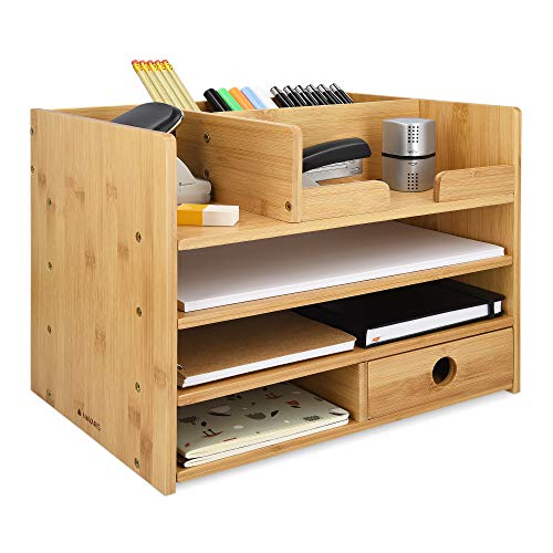 Navaris Organizador de escritorio de bambú - Accesorio de sobremesa con compartimentos - Caja para almacenaje de material de oficina 33 x 24 x 26 CM